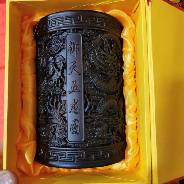 Ống đựng bút cao cấp gỗ Hắc Đàn khắc hoa văn tinh tế