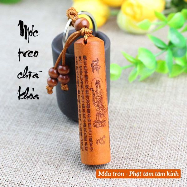 Móc treo chìa khóa, phôi triện gỗ đào khắc kinh phật