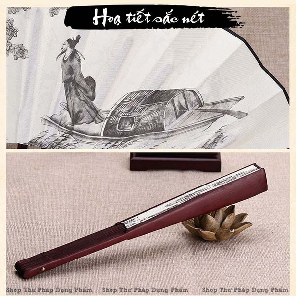 Quạt cầm tay quạt cổ trang in tranh thư pháp thủy mặc