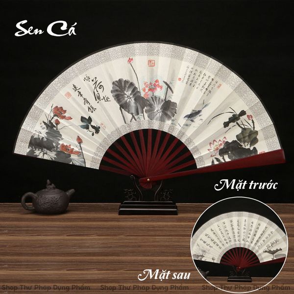Quạt cầm tay quạt cổ trang in tranh thư pháp thủy mặc