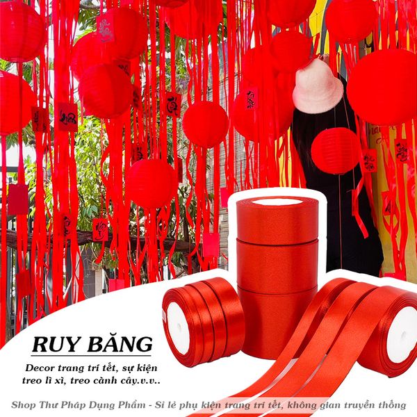 Cuộn ruy băng đỏ trang trí tết decor treo cây mai đào không gian truyền thống