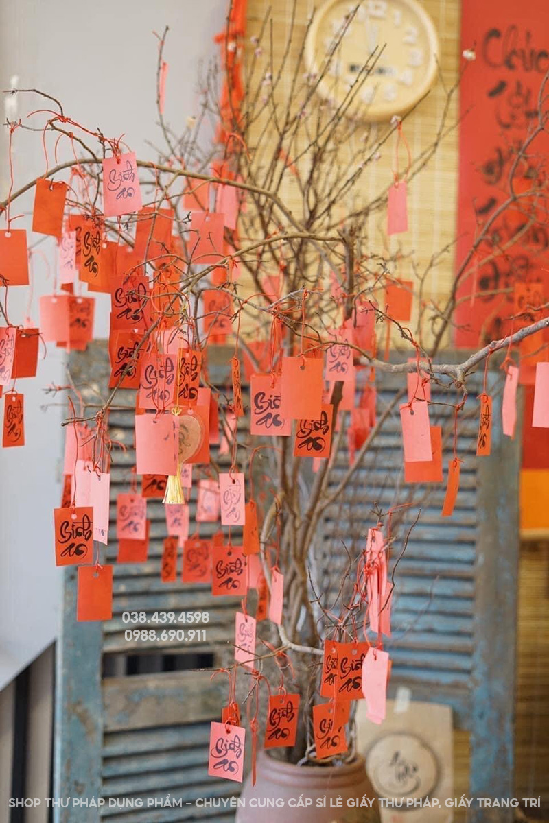 Thẻ giấy treo đào mai trang trí tết, thẻ giấy thư pháp 5x7cm