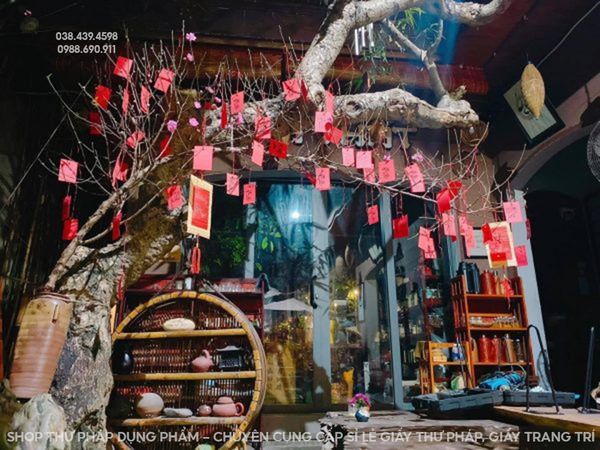 Thẻ giấy treo đào mai trang trí tết, thẻ giấy thư pháp 5x7cm