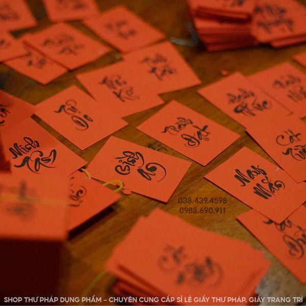 Thẻ giấy treo đào mai trang trí tết, thẻ giấy thư pháp 5x7cm