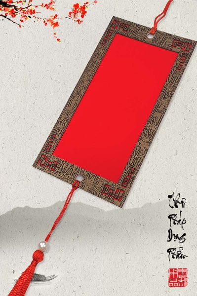 Thẻ treo trang trí đào mai viết thư pháp