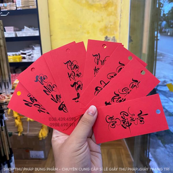 Thẻ giấy treo đào mai trang trí tết, thẻ giấy thư pháp 5x10cm