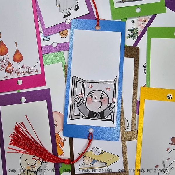 Thẻ thư pháp treo trang trí giấy mỹ thuật in hình chú tiểu, hoa điểu (Set 30 chiếc)