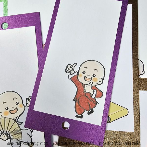 Thẻ thư pháp treo trang trí giấy mỹ thuật in hình chú tiểu, hoa điểu (Set 30 chiếc)