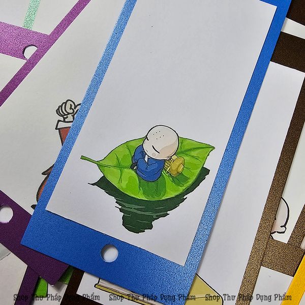 Thẻ thư pháp treo trang trí giấy mỹ thuật in hình chú tiểu, hoa điểu (Set 30 chiếc)