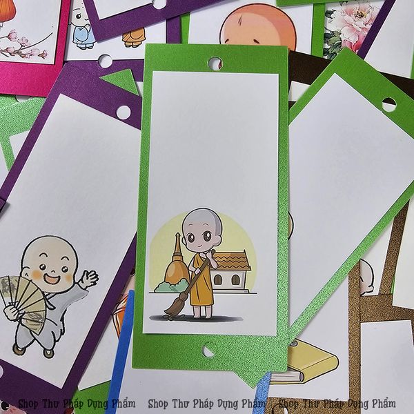 Thẻ thư pháp treo trang trí giấy mỹ thuật in hình chú tiểu, hoa điểu (Set 30 chiếc)