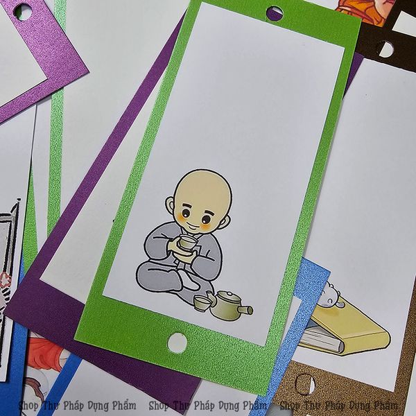 Thẻ thư pháp treo trang trí giấy mỹ thuật in hình chú tiểu, hoa điểu (Set 30 chiếc)