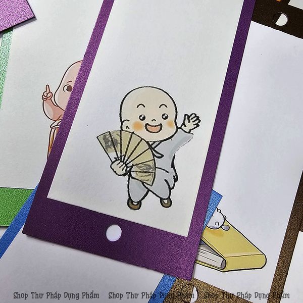 Thẻ thư pháp treo trang trí giấy mỹ thuật in hình chú tiểu, hoa điểu (Set 30 chiếc)