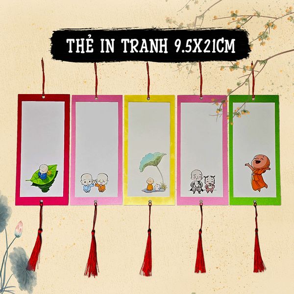 Thẻ thư pháp treo trang trí giấy mỹ thuật in hình chú tiểu, hoa điểu (Set 30 chiếc)