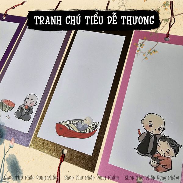 Thẻ thư pháp treo trang trí giấy mỹ thuật in hình chú tiểu, hoa điểu (Set 30 chiếc)