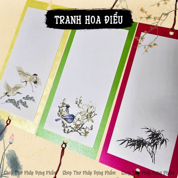 Thẻ thư pháp treo trang trí giấy mỹ thuật in hình chú tiểu, hoa điểu (Set 30 chiếc)