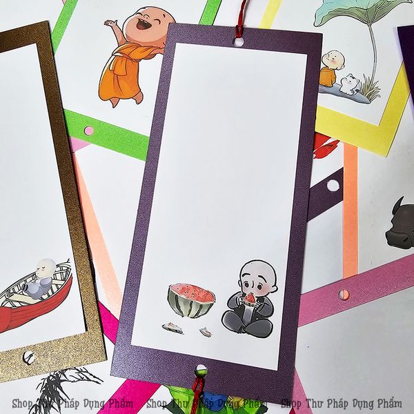 Thẻ thư pháp treo trang trí giấy mỹ thuật in hình chú tiểu, hoa điểu (Set 30 chiếc)