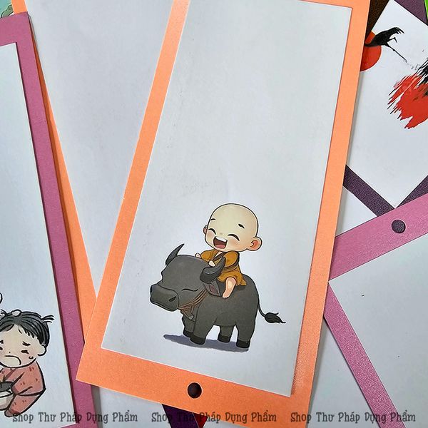 Thẻ thư pháp treo trang trí giấy mỹ thuật in hình chú tiểu, hoa điểu (Set 30 chiếc)