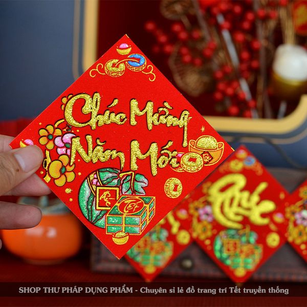 Thẻ chữ thư pháp nhung đỏ sẵn keo dán trang trí Tết