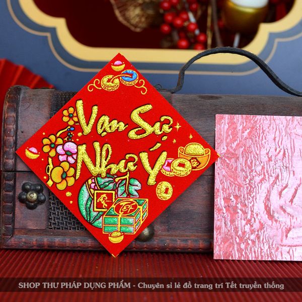 Thẻ chữ thư pháp nhung đỏ sẵn keo dán trang trí Tết