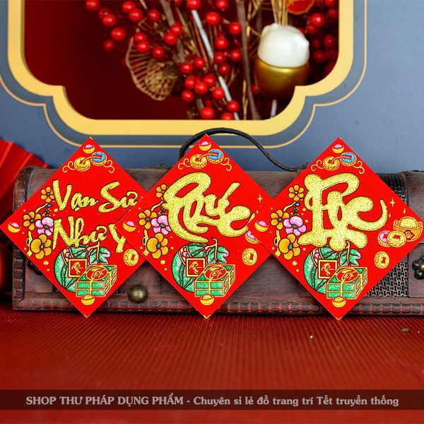 Thẻ chữ thư pháp nhung đỏ sẵn keo dán trang trí Tết