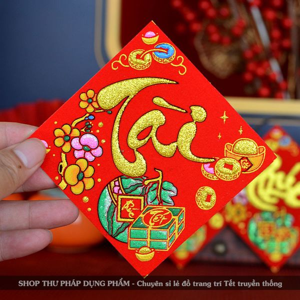 Thẻ chữ thư pháp nhung đỏ sẵn keo dán trang trí Tết