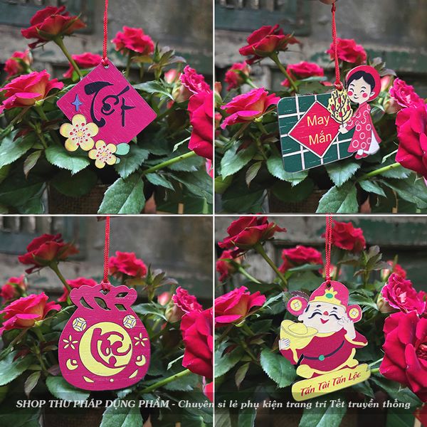 Thẻ tag gỗ treo treo cây đào mai trang trí tết truyền thống