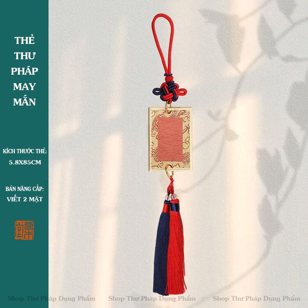 Thẻ may mắn viết thư pháp dây tua rua treo trang trí