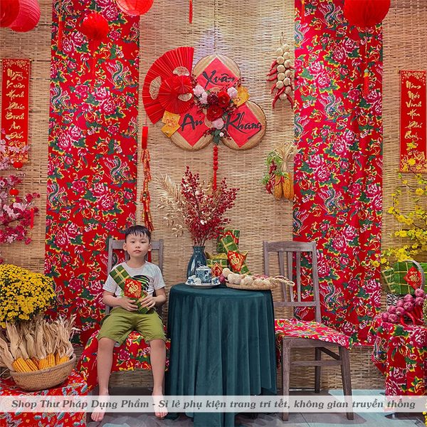 Vải chăn con công trang trí tết decor không gian truyền thống, trải bàn