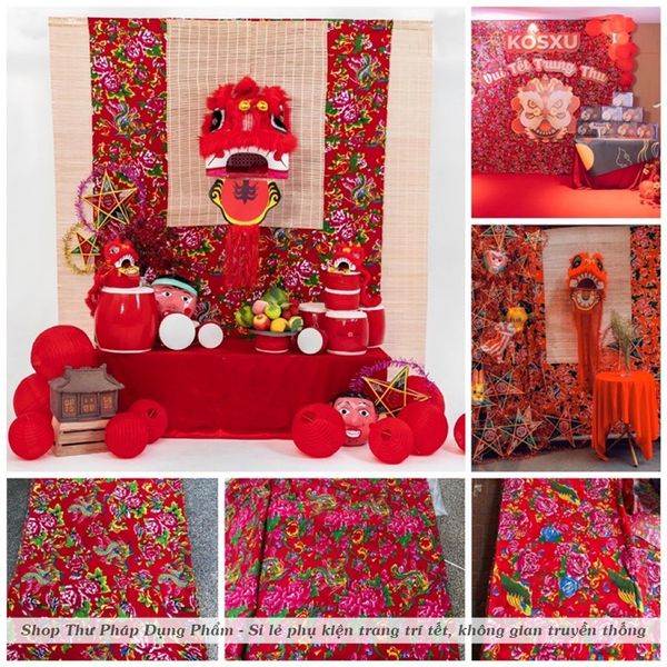 Vải chăn con công trang trí tết decor không gian truyền thống, trải bàn