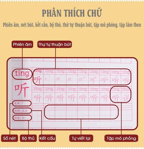 Vở luyện viết chữ Hán in chữ mẫu, học quy tắc thuận bút