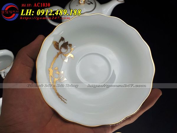 Ấm trà trắng Bát Tràng mạ sen vàng mã AC1030 - Ảnh 3