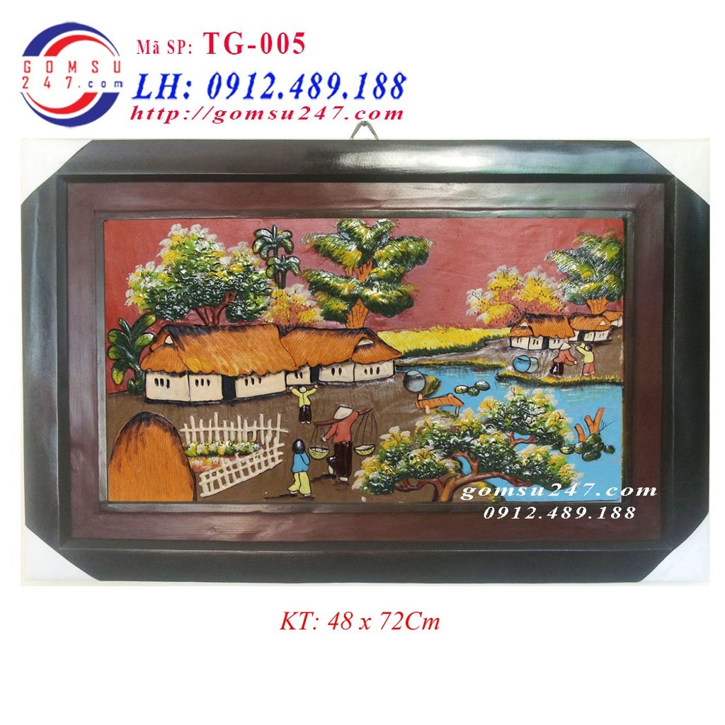 Tranh gốm sứ Bát Tràng khổ tranh 48 x 72Cm - Cảnh làng quê