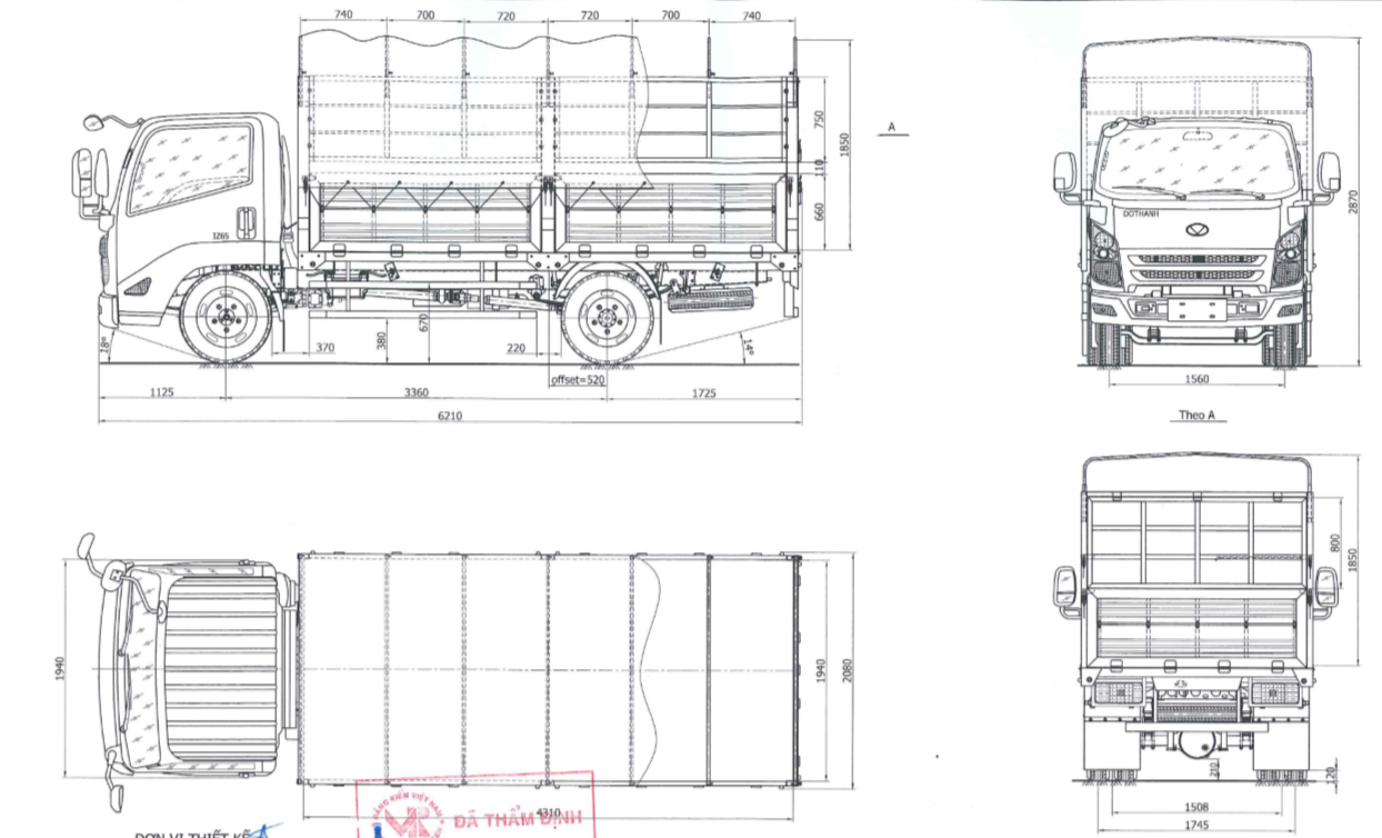 bản vẽ thùng bạt xe Dothanh IZ65 1.9 tấn 2.2 tấn