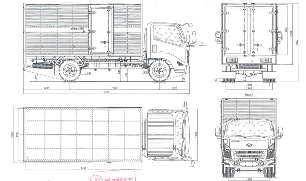 Bản vẽ thùng kín xe Dothanh IZ65 3.5 tấn
