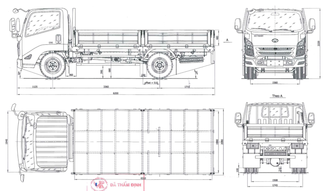 bản vẽ thùng lửng xe Dothanh IZ65 3.5 tấn