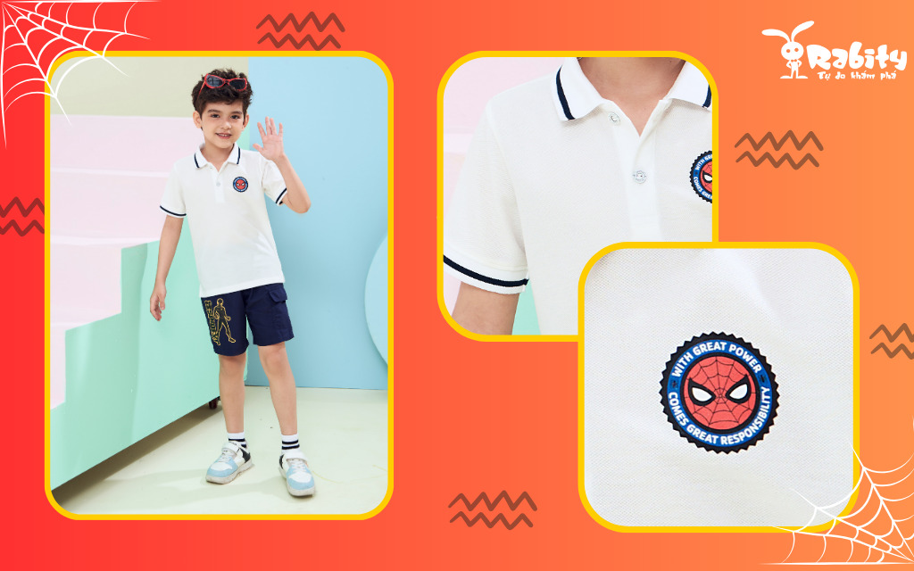 Áo polo in logo người nhện lịch sự, bảnh bao cho bé trai