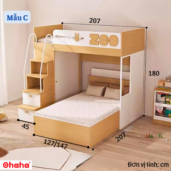 Giường tầng thông minh Ohaha có tủ áo và kệ trang trí - GTTM028