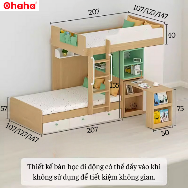 Giường tầng thông minh Ohaha kết hợp tủ áo và bàn học - GTTM016
