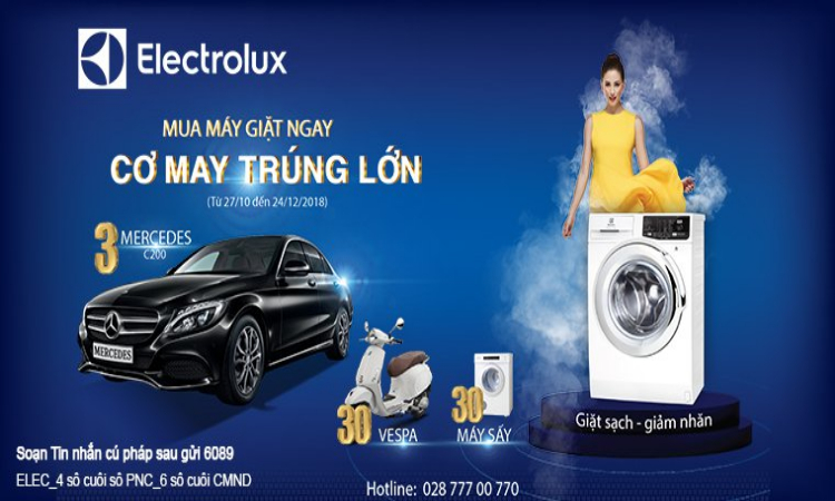 Mua máy giặt Electrolux trúng xe Mercedes, Vespa, Máy sấy