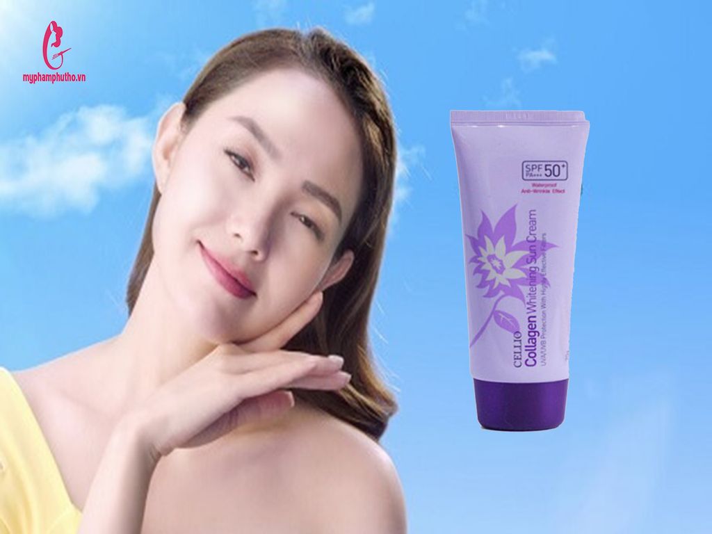 Review Kem chống nắng Cellio Collagen Whitening Sun Cream SPF50 PA+++ Màu Tím