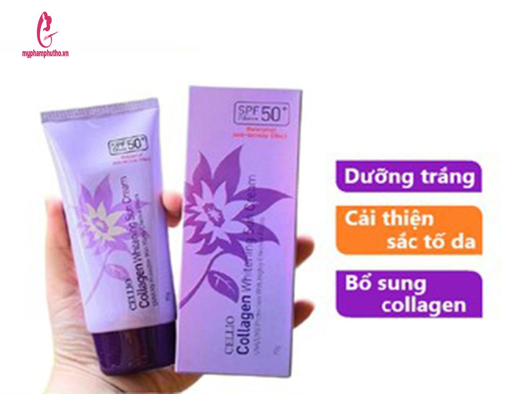 công dụng Kem chống nắng Cellio Collagen Whitening Sun Cream SPF50 PA+++ Màu Tím