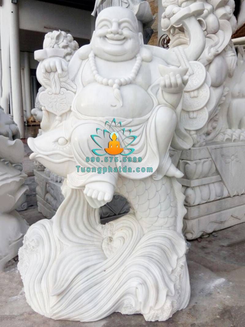 Tượng Phật Di Lặc Cưỡi Cá Chép Bằng Đá Non Nước