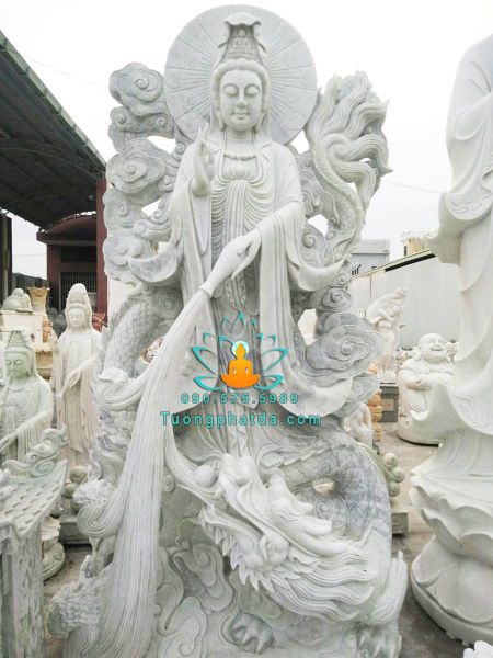 Tượng Phật Bà Quan Âm Đứng Rồng Đá Cẩm Thạch Non Nước