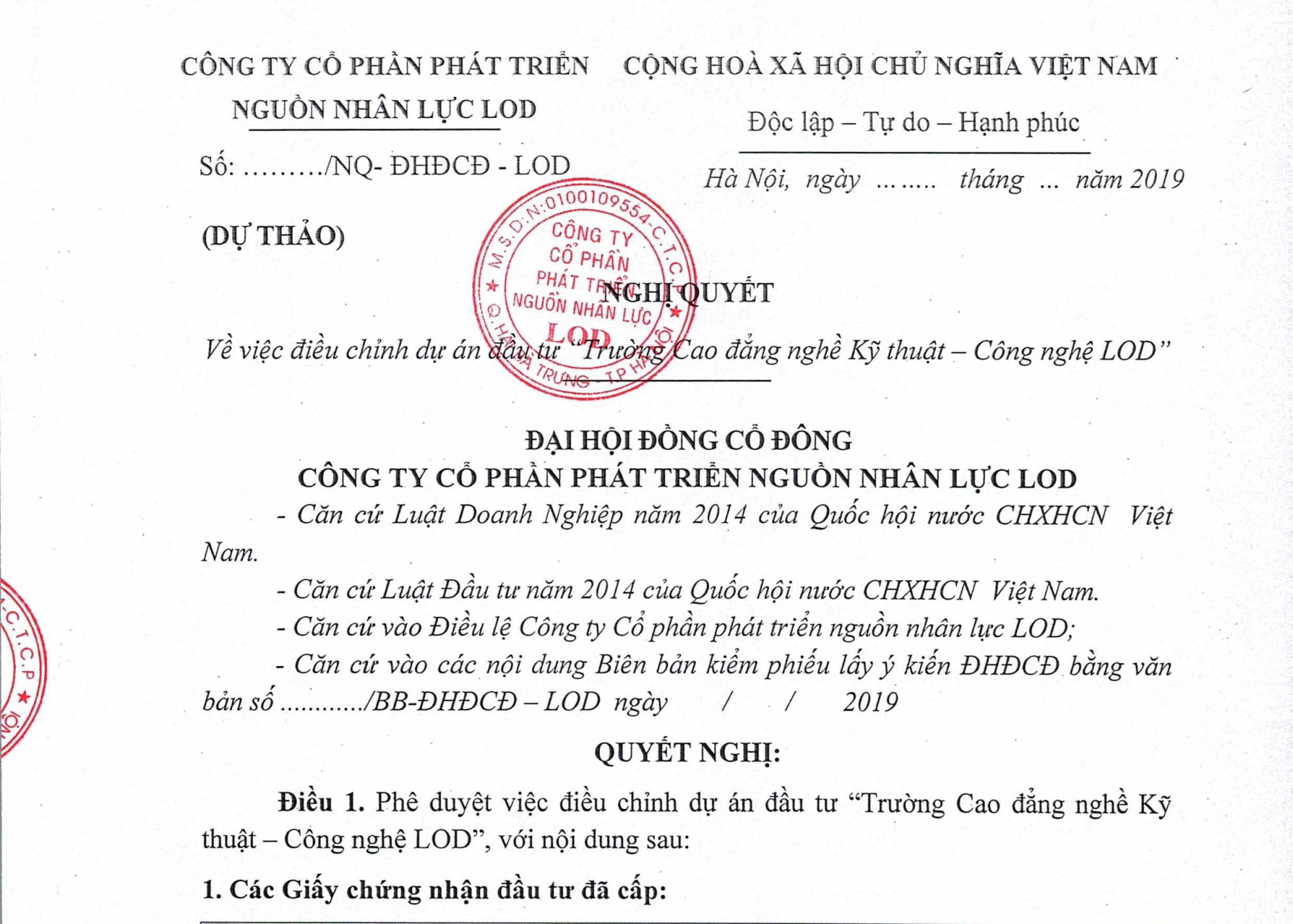 Hồ sơ liên quan Đại Hội Cổ Đông 2019 Công ty CPPT nguồn nhân lực LOD