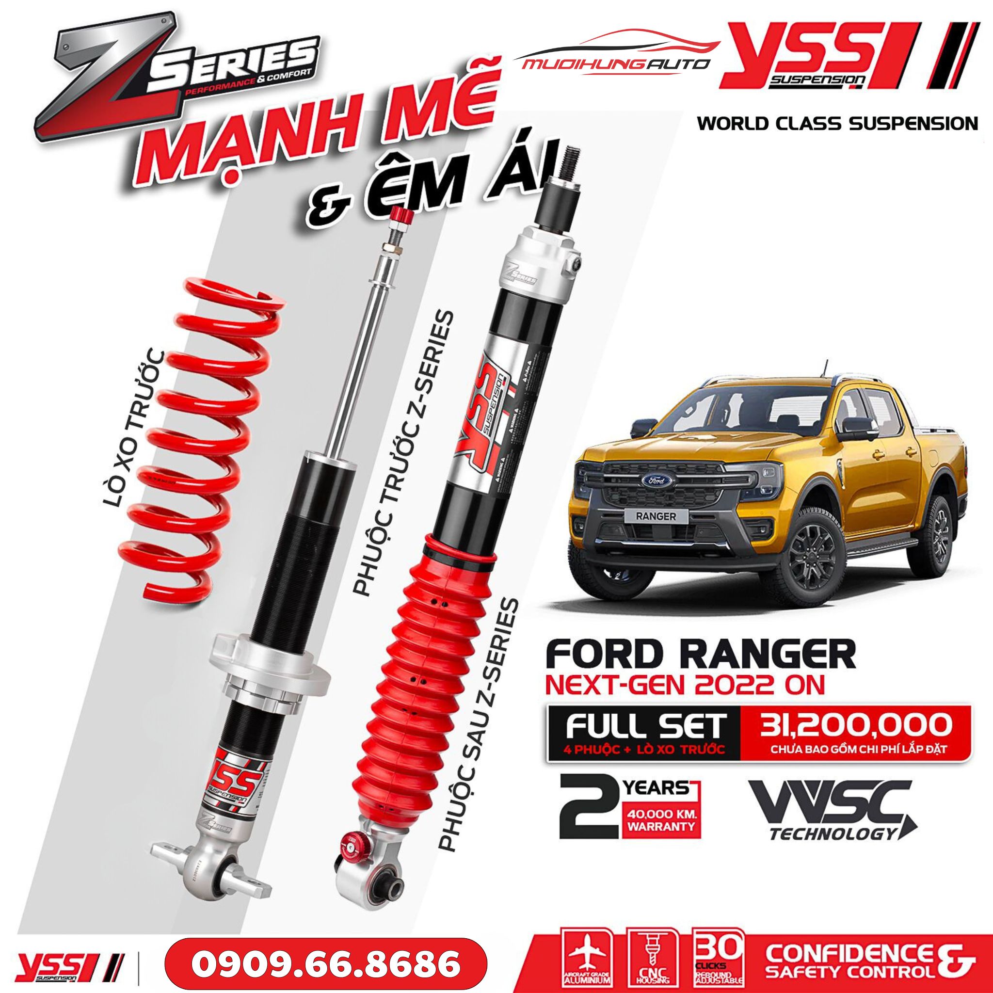 Bộ phuộc giảm xóc YSS Z-Series xe Ford Ranger Next - Gen 2022 - ON