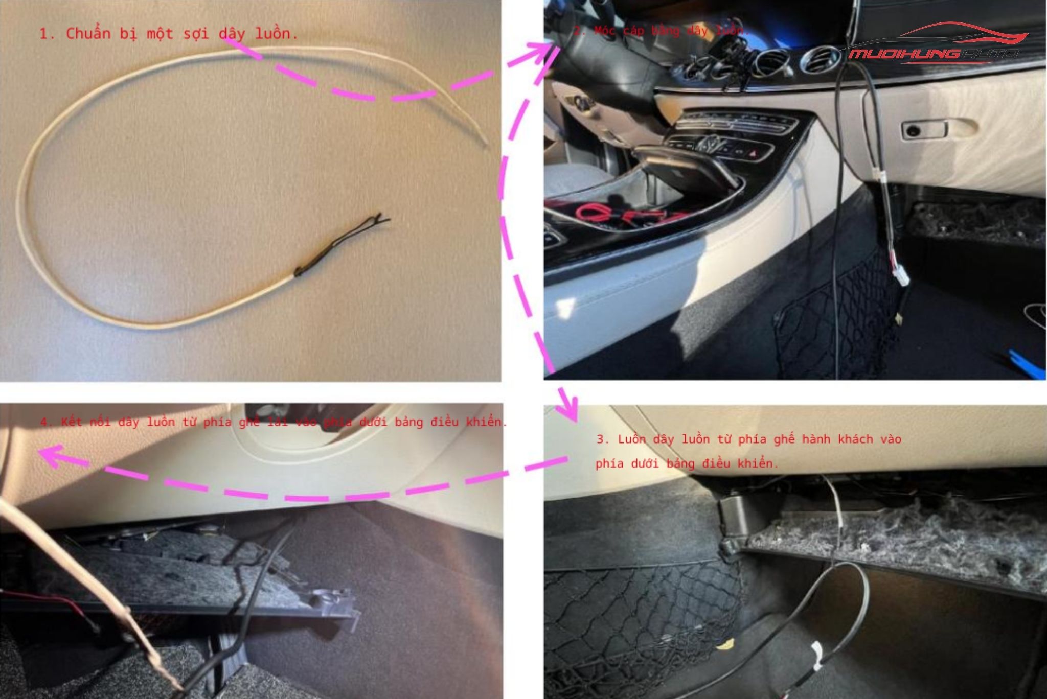 Luồn dây nguồn từ ghế hành khách sang ghế lái