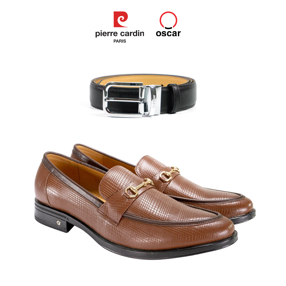 Gợi ý phối đồ giữa mẫu thắt lưng Oscar Fashion - OCMBLPG 026 và mẫu giày Horsebit Loafer Pierre Cardin - PCMFWLG 700.