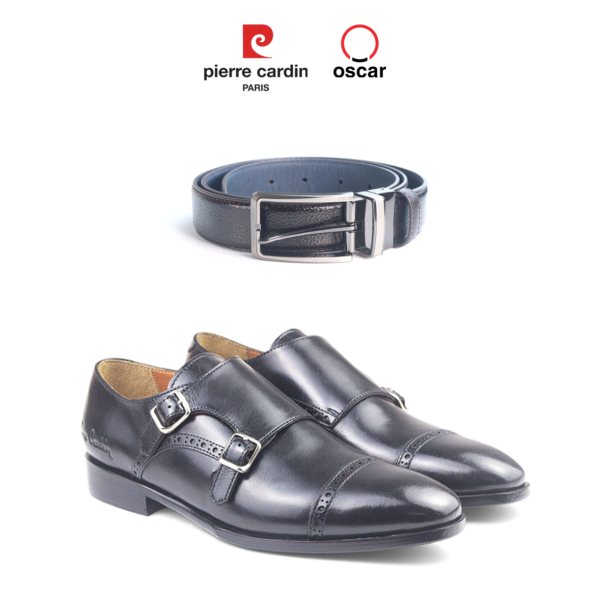 Gợi ý phối đồ giữa mẫu thắt lưng khóa kim loại Oscar Fashion - OCMBLPH 035 và mẫu giày Double Monstrap Cao Cấp Pierre Cardin - PCMFWLH 363.