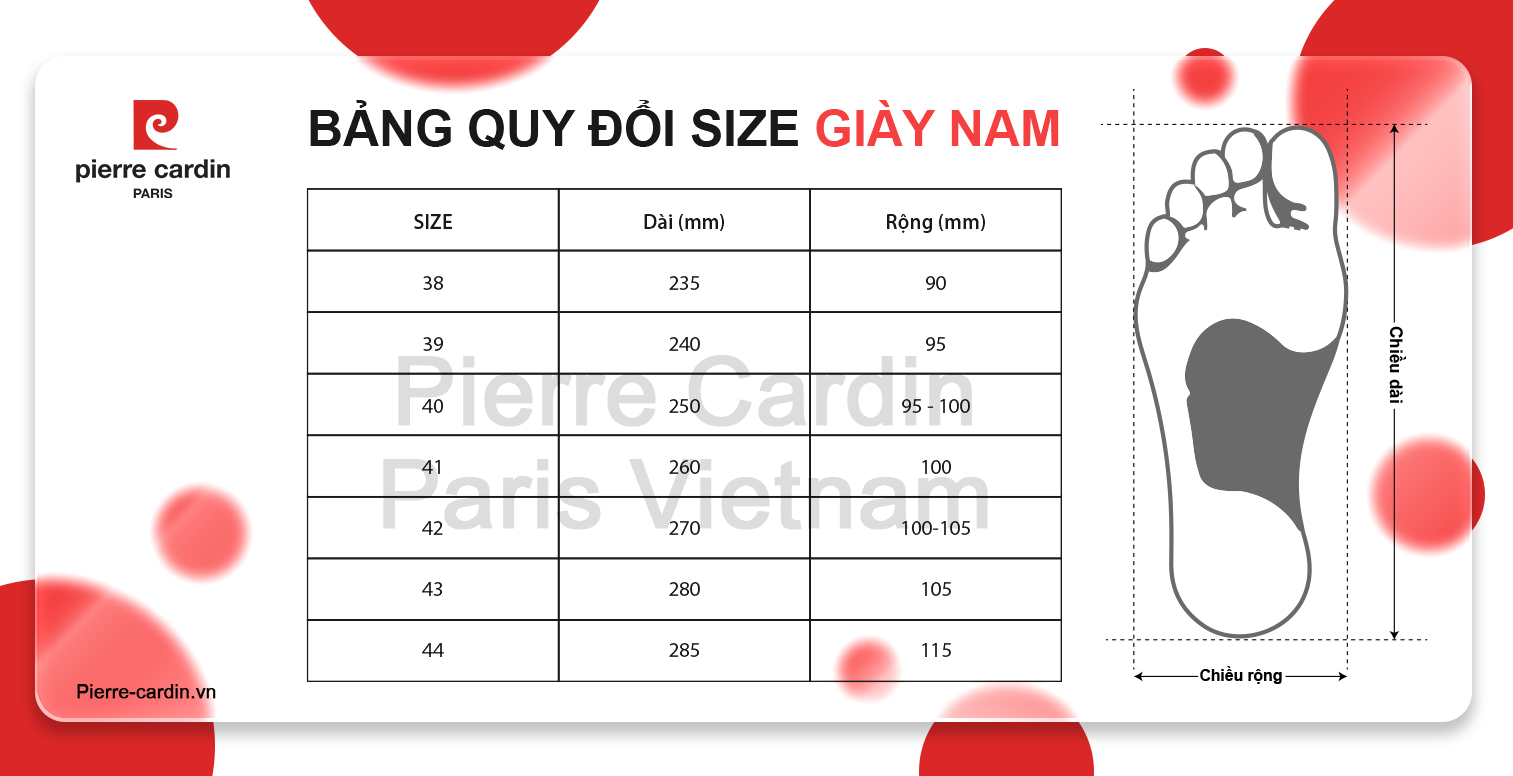 Bảng size giày nam Pierre Cardin từ 38 đến 44