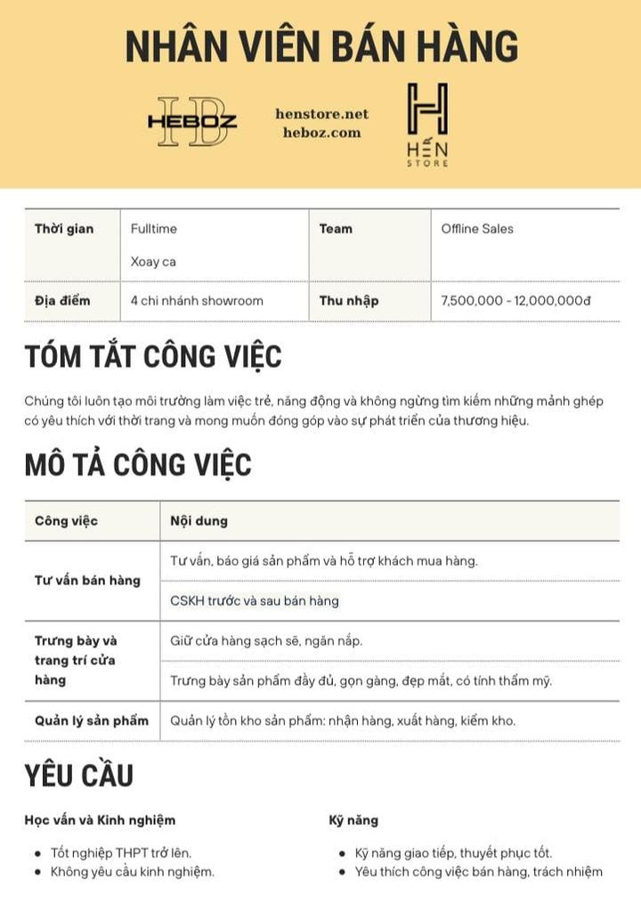 Công Ty TNHH Thời Trang Heboz (Hến Store Menswear) hiện đang tuyển dụng 5 nhân viên bán hàng